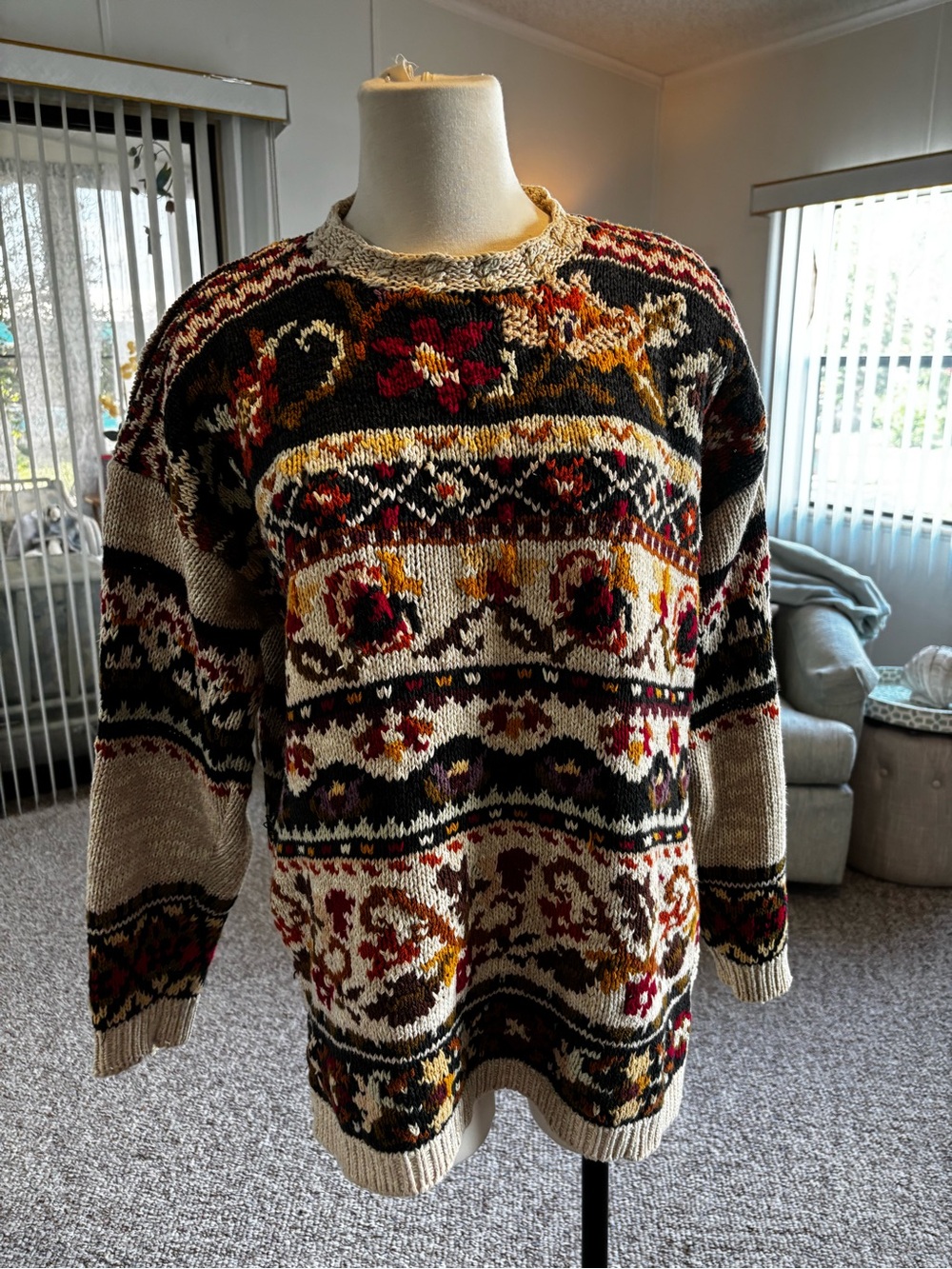 Beige Multicolor Patterned Turtleneck Sweater